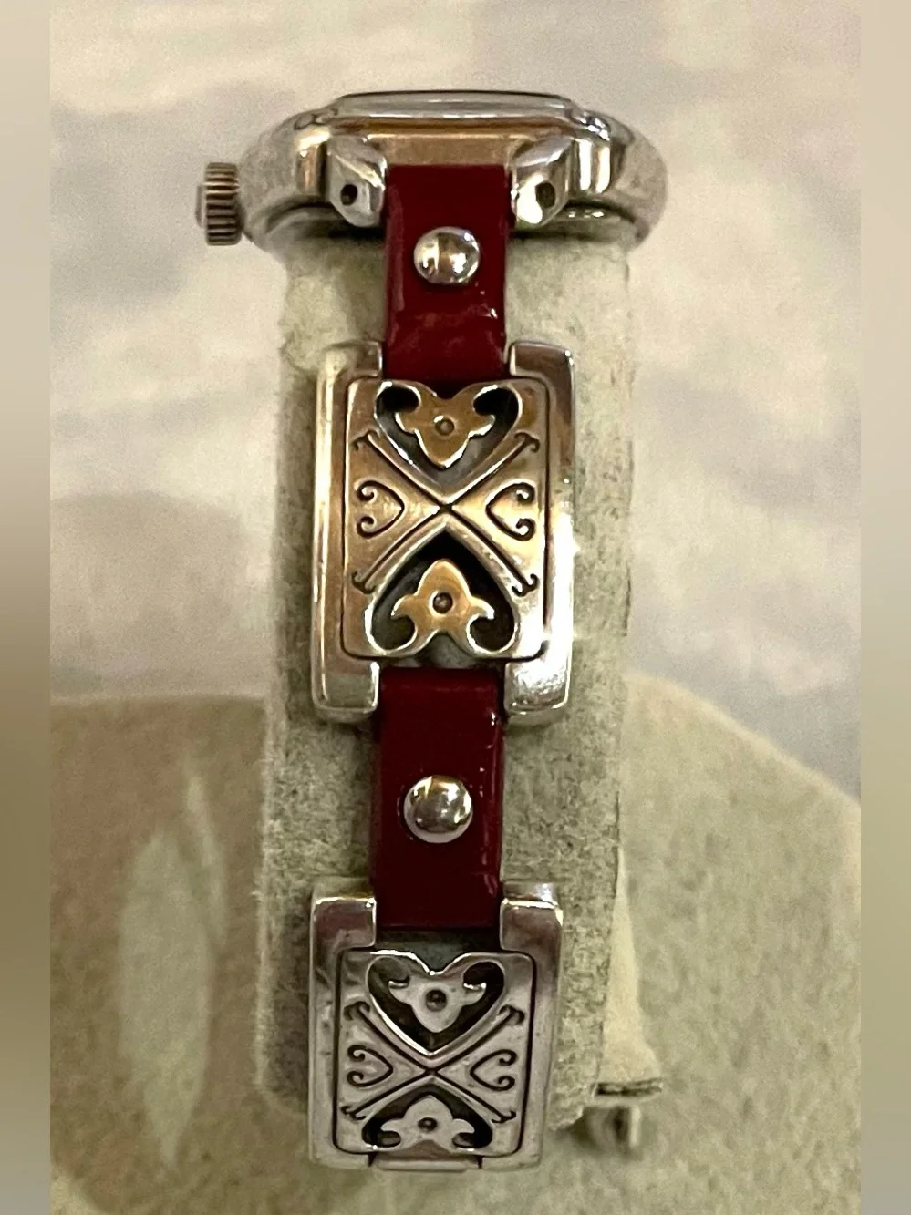 Brighton Womens Bismarck Watch Red Leather Silver Scroll Link 6.75” New Battery